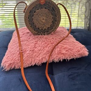 Round Woven Crossbody Bag with Tan Strap